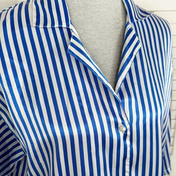 Victoria’s Secret Vintage Striped Satin Sleep Shirt White Blue Small Button Up - Picture 5 of 10